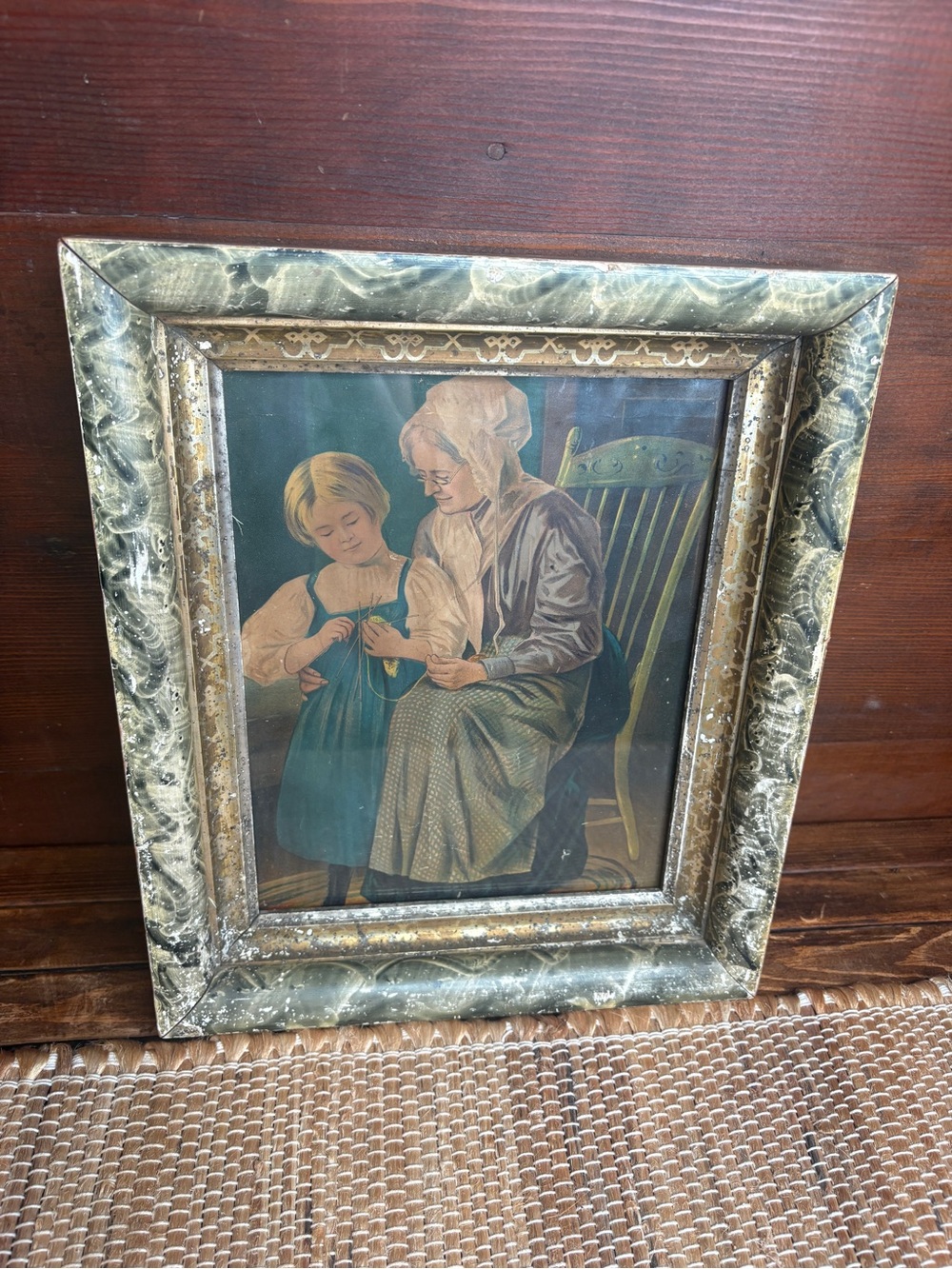 Antique Print Woman Teaching Young Girl Crochet in Wood Frame Behind Glass